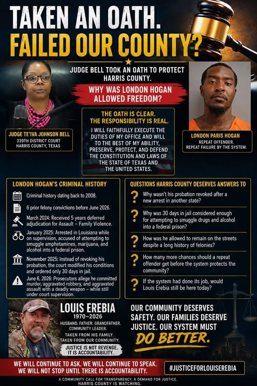 Accountability poster: Taken an oath. Failed our county? Judge Bell took an oath to protect Harris County. Why was London Hogan allowed freedom?